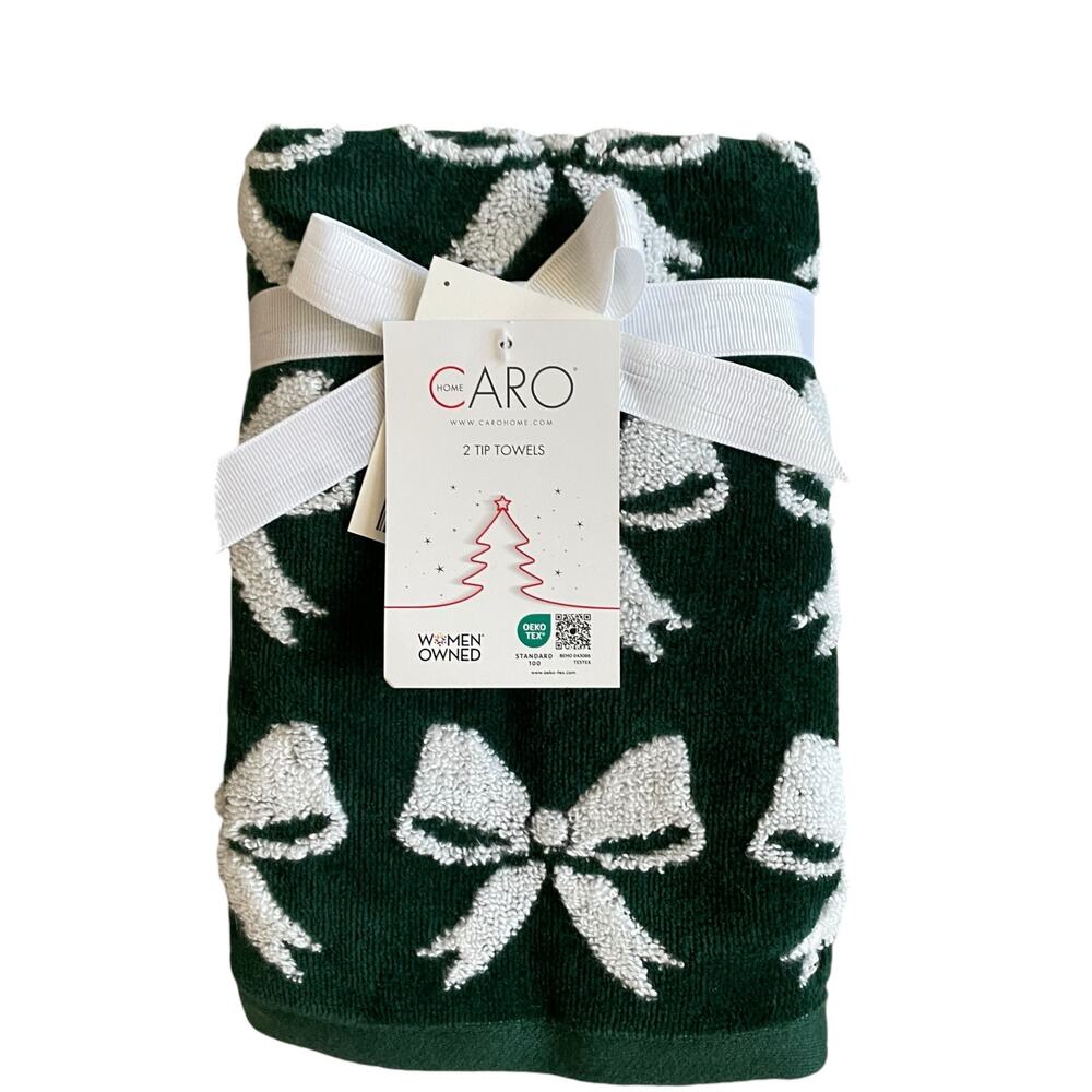 Caro Home Christmas Bow Tip Towels Set of 2 Green & White Holiday Glam New